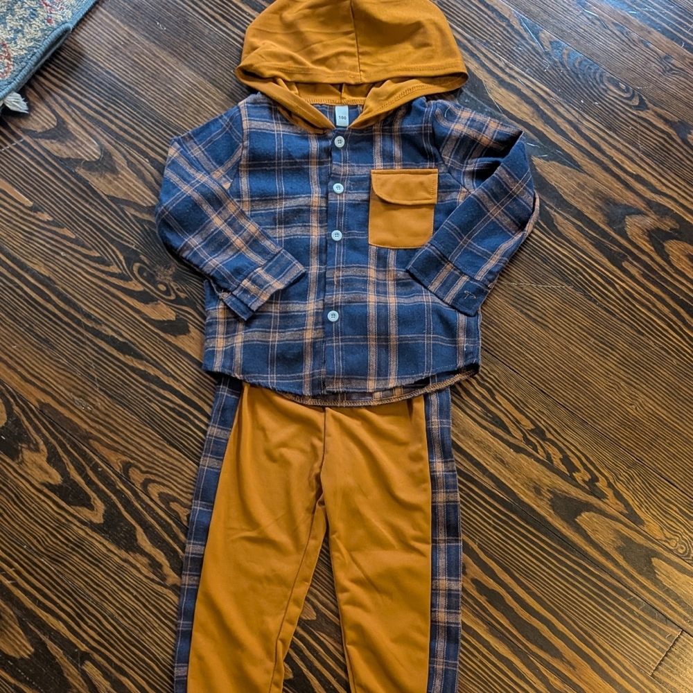 Kids Two-Piece Hooded Matching Set in Orange and Navy Plaid 3T